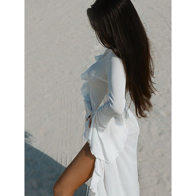 Women's Swimsuits Cover Up Swim Dress Swimsuit Ruffle Vacation Beach Wear Solid Color V Neck Long Sleeve Bathing Suits4