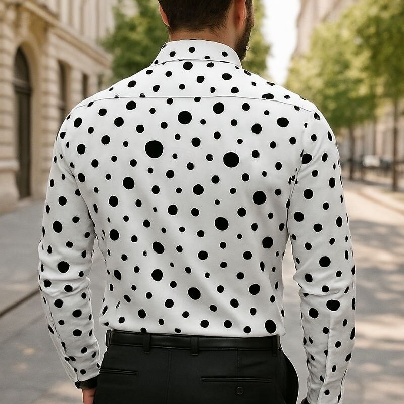 Men's Summer Shirt Casual Shirt Beach Shirt Button Up Shirt Black White Long Sleeve Polka Dot Lapel Vacation Hawaiian Button-Down Clothing Apparel Polyester Fashion Casual Comfortable2