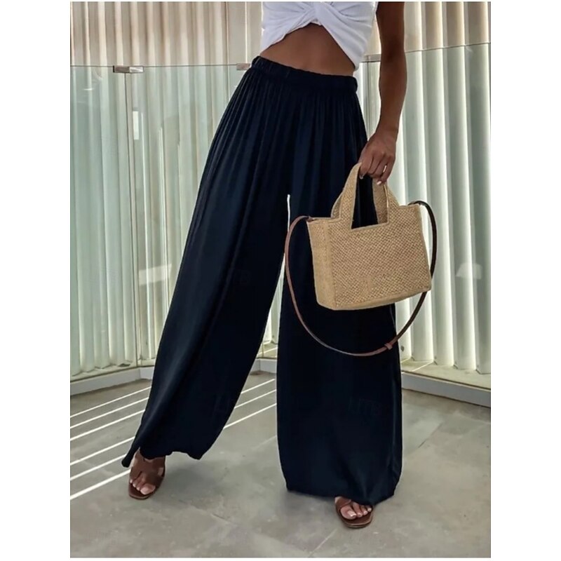 Women's Wide Leg Pants Trousers Streetwear Casual Long High Waist Plain Elastic Drawstring Design High Cut Breathability Soft Micro-elastic Vacation Street Daily Wear Black Light Green Red Navy Blue2