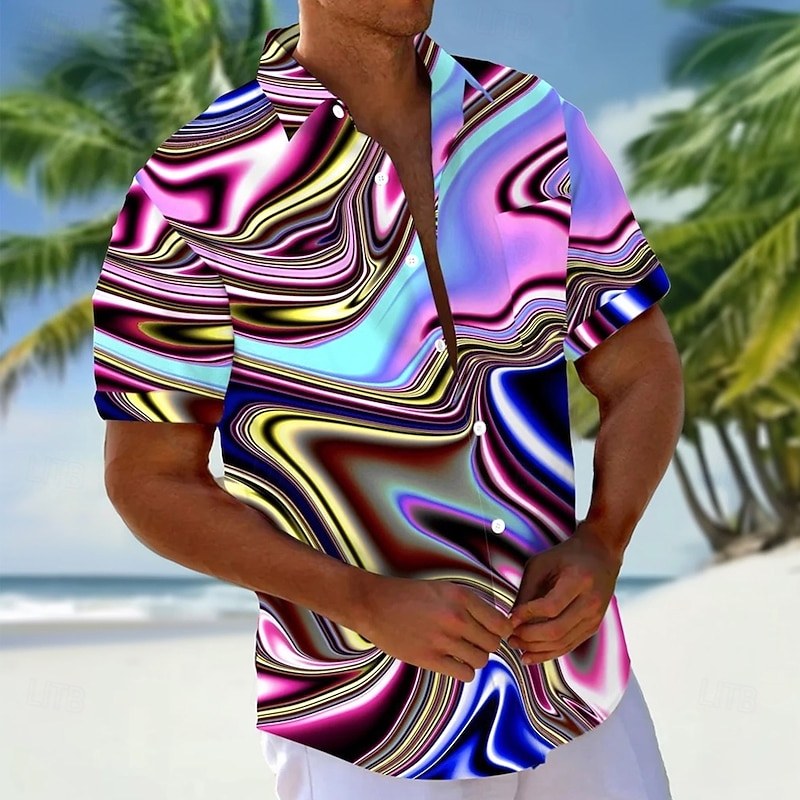Men's Geometric Abstract Liquid Art Shirt Casual Shirt Button Up Shirt Short Sleeve Fashion Casual Vacation Holiday Streetwear Summer Spring Turndown 3D Print Collared Shirts Front One Pocket Purple