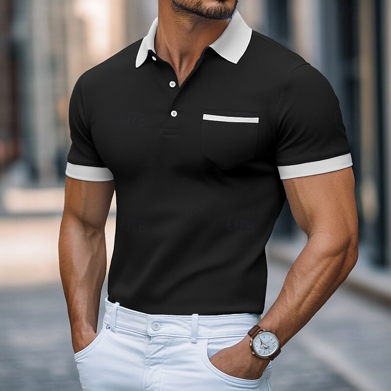 Men's Golf Shirt Pique Polo Shirt Work Casual Lapel Ribbed Polo Collar Short Sleeve Basic Modern Color Block Pocket Summer Regular Fit White Black Burgundy Navy Blue Light Blue Gray Golf Shirt4