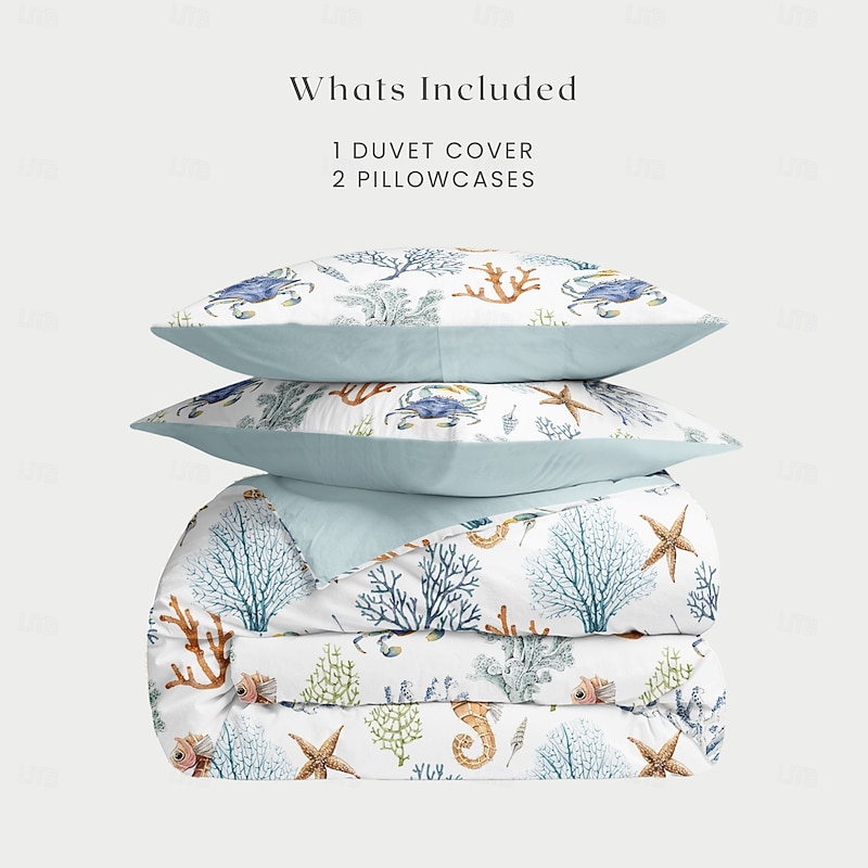 Summer Duvet Cover Set 100% Cotton Soft and Breathable Bedding Featuring Sea Creatures Lightweight and Durable Quilt Cover Comfortable for All Seasons Easy to Care4