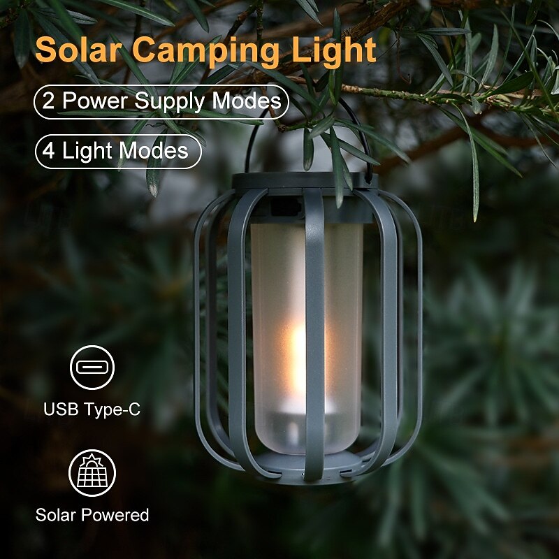 Solar Lanterns Camping Light with tripod Flickering Flame 4 Color Gradient USB Rechargeable Outdoor IPX4 Waterproof Desk Lamp for Camping Courtyard Landscape Festival Decorations 1PC