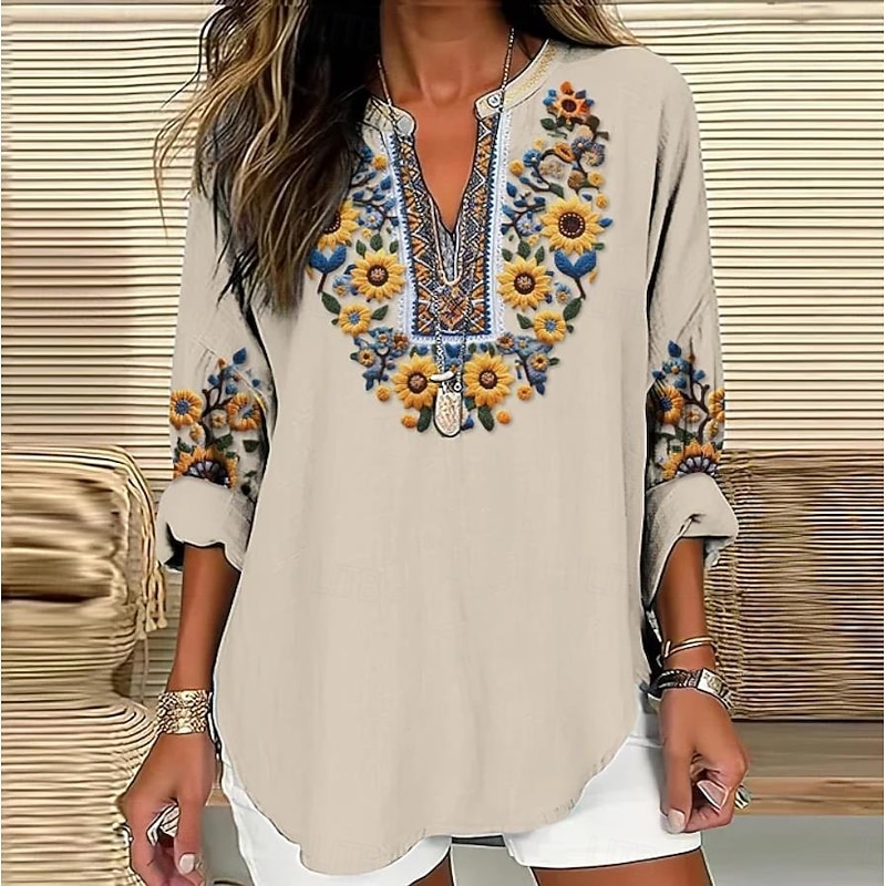 Women's Blouse Tunic V Neck Long Sleeve Boho Casual Tops Floral Graphic Bohemia Vintage Tropical Regular Tops Daily Vacation Wear Print Black White Blue Sky Blue Khaki4