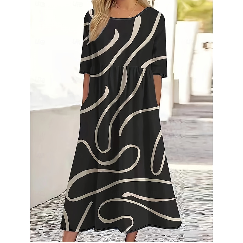 Women's Midi Dress Boho Dress Elegant Party Regular Fit Boho Paisley Damask Short Sleeve Crew Neck Black Brown Summer