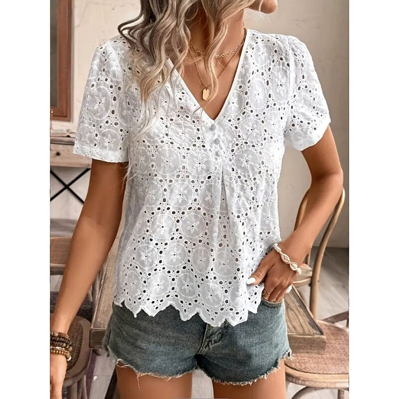 Women's Shirt Floral Casual Short Sleeve Shirt Collar Regular Tops Daily Holiday Lace Buttons White Summer Spring3