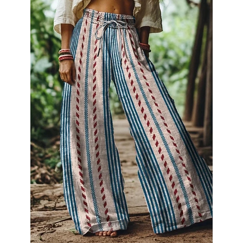 Women's Wide Leg Chinos Baggy Pants Vacation Vintage Ethnic Style Full Length High Waist Floral Graphic Printing Thermal Warm Soft Breathable Micro-elastic Vacation Street Causal Sky Blue And White4