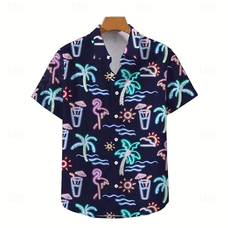Men's Palm Leaf Tropical Plants Neon Shirt Summer Hawaiian Shirt Button Up Shirt Short Sleeve Hawaiian Vacation Holiday Beach Wear Summer Spring Turndown 3D Print Collared Shirts Dark Blue2