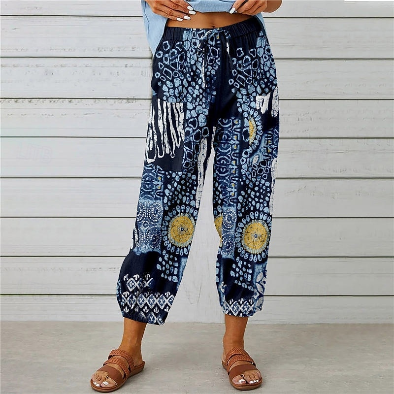 Women's Cotton Linen Pants Slacks Streetwear Casual Full Length Natural Floral Printing Comfy Outdoor Daily Wear Casual Daily Navy Black Blue Orange Summer Regular Fit