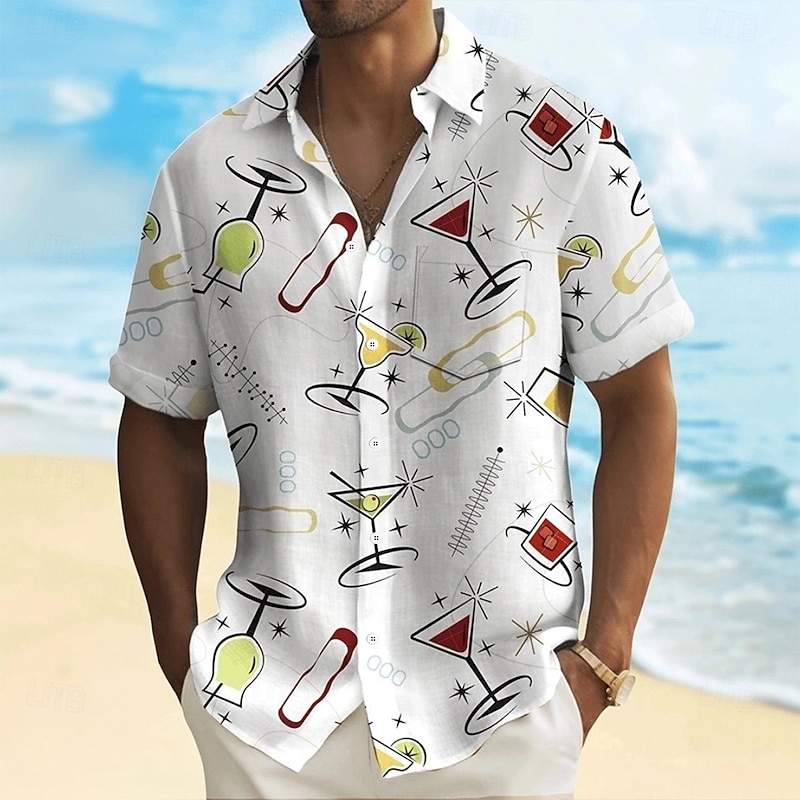 Men's Wine Glass Drink Shirt Summer Hawaiian Shirt Button Up Shirt Short Sleeve Hawaiian Vacation Holiday Beach Wear Summer Spring Turndown 3D Print Collared Shirts Front One Pocket White