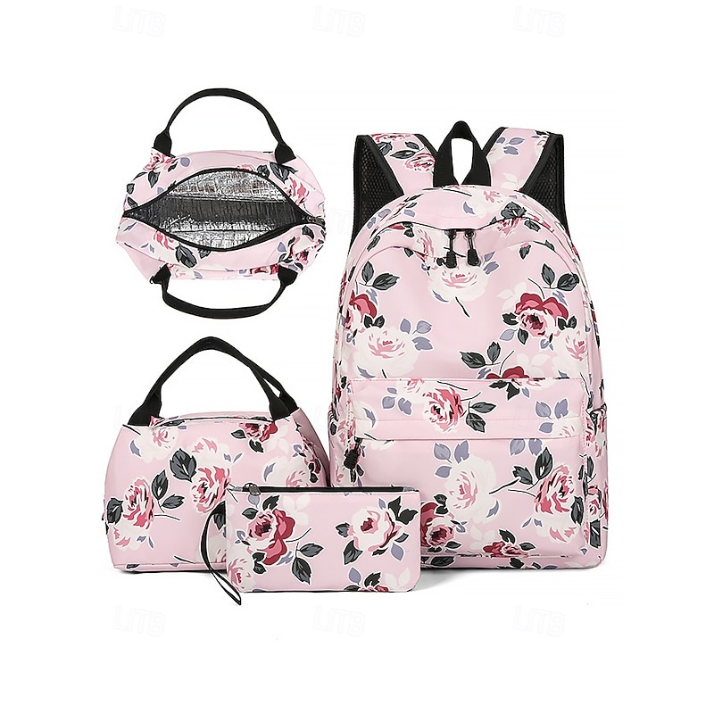 Girls' 3-Piece Floral Backpack Set with Insulated Lunch Bag and Pencil Case – Lightweight Waterproof School Bag for Teens and Students