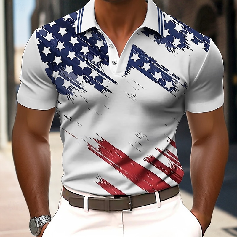 American Independence Day Men's American US Flag Polo Short Sleeve Polo Shirts Collared Shirts Casual Outdoor Daily Wear 3D Print Summer Blue
