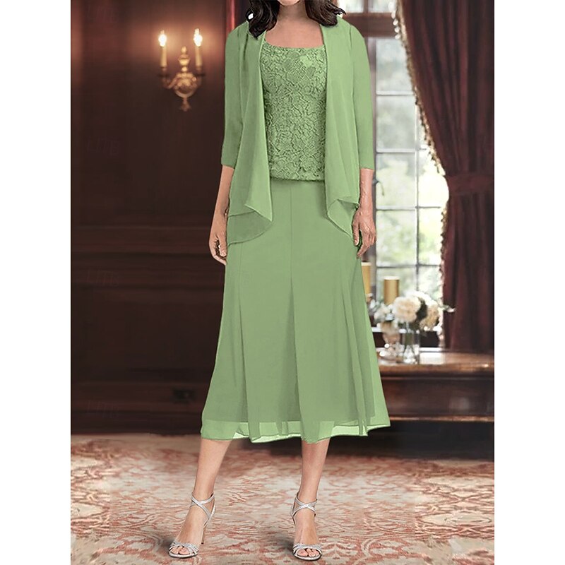 Dress Sets Mother of the Bride Dress Elegant Simple Square Neck Tea Length Polyester 3/4 Length Sleeve with Solid Color