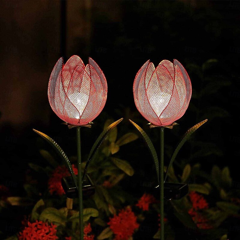 2 Pcs outdoor solar iron hollow flower petals tulip ground inserted lights courtyard garden path lawn sidewalk decorative lights landscape lights2