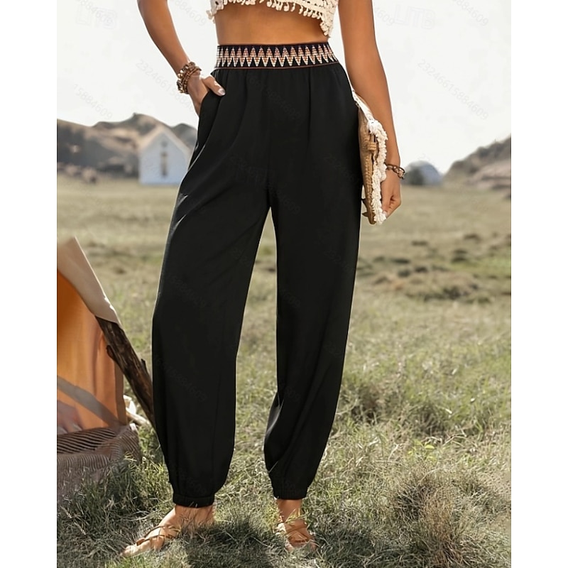 Women's Slacks Casual Boho Full Length Natural Flower Patchwork Elastic Waist Outdoor Comfortable Street Going out Black Summer Regular Fit4