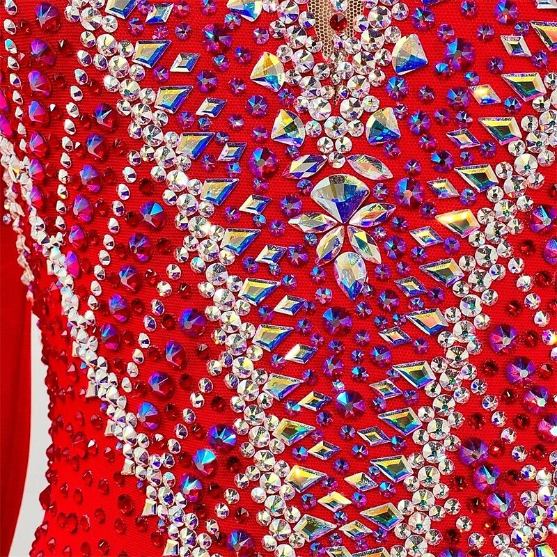 Figure Skating Dress Women's Girls' Ice Skating Dress Red Patchwork Open Back Mesh High Elasticity Training Competition Skating Wear Classic Crystal / Rhinestone Long Sleeve Ice Skating Figure Skating3