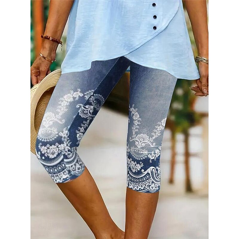 Women's Leggings Capri Pants High Elasticity Vacation Vintage Fashion Calf-Length Mid Waist Floral Graphic Printing Breathable Soft Stretchy Vacation Casual Daily Robin's Egg Blue Dark Navy2