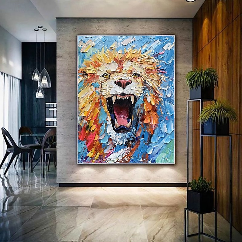 Handmade Oil Painting Canvas Wall Art Decoration Animal Abstract Fierce Lion  for Home Decor Rolled Frameless Unstretched Painting