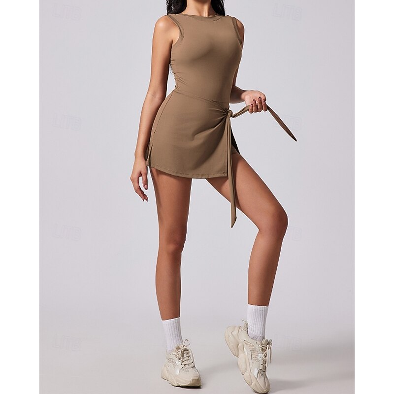 Women's Solid Colored Tennis Dress with Shorts Sports Dress Sleeveless Side Split Moisture Wicking Breathable Tennis Golf Pickleball Square Neck Dress Black Cream Dark Navy Tennis Clothing2