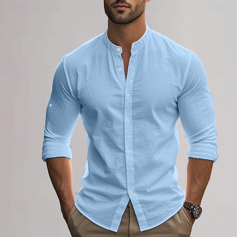 Men's Cotton Linen Shirt Plain Vacation Black White Khaki Dark Gray Long Sleeve Grandad Collar Clothing Apparel