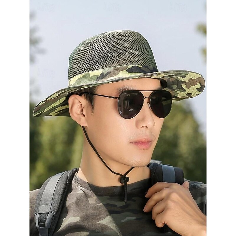 Men's Camouflage Mesh Sun Hat with Wide Brim and Chin Strap – Breathable Outdoor Hiking Fishing Hat for Summer Travel and Camping3