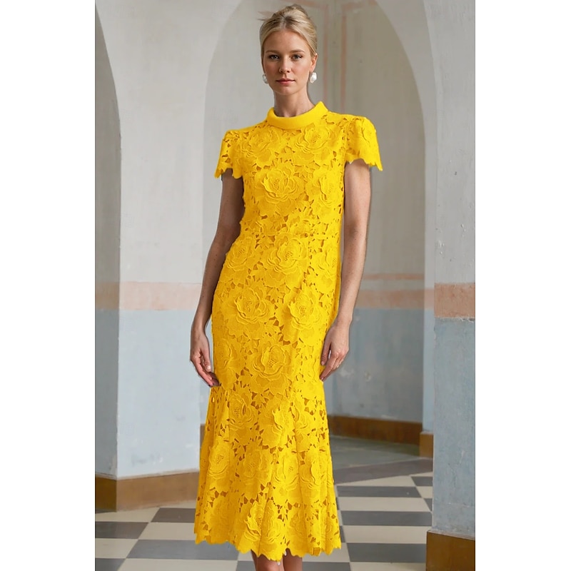 Column Cocktail Elegant Embroidered Dress Formal Wedding Ankle Length Short Sleeve Stand Collar Lace with Slit