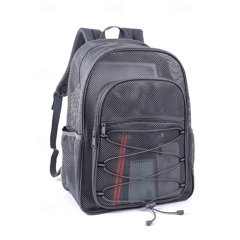 Black Gray Mesh Backpack with Zippered Compartment, Adjustable Shoulder Strap, Unisex, Fashion Design - Suitable for School, Sports, Fitness and Daily Use