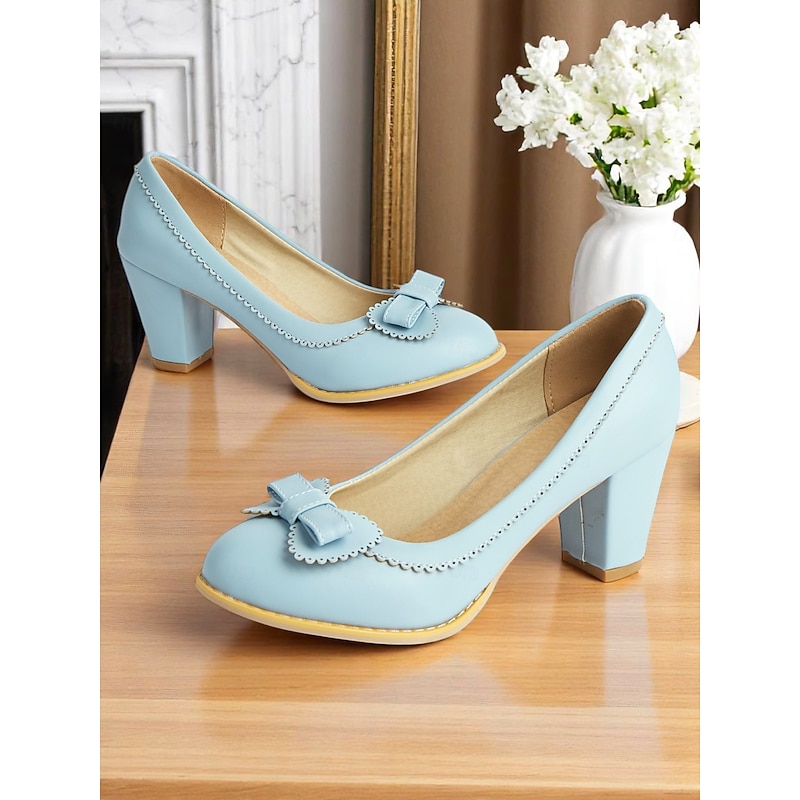 Women's 1950s  Light Blue Bow Heels – Faux Leather Round Toe Pumps with Scalloped Edging for Vintage-Inspired Outfits, Office Wear, and Spring Weddings2