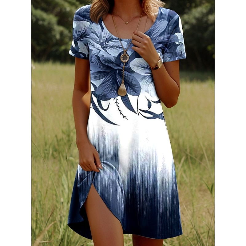 Women's Mini Dress Casual Dress T Shirt Dress Tee Dress Sundress A Line Dress Stylish Casual Beach Regular Fit Ombre Floral Graphic Short Sleeve Crew Neck Scoop Neck Dusty Blue Light Blue Summer4