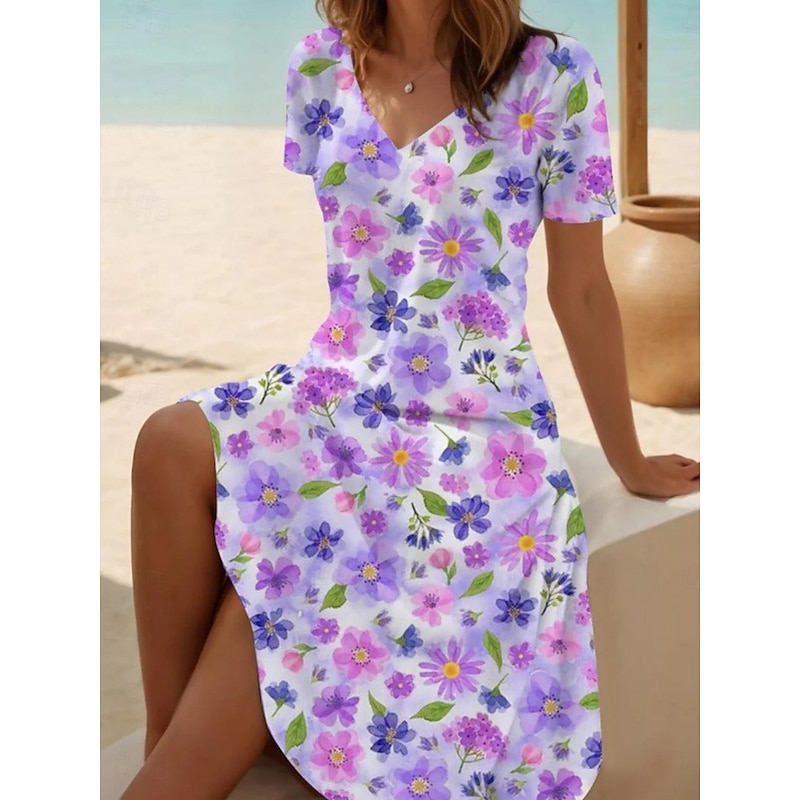 Women's Midi Dress Casual Dress Skater Dress Summer Dress Fashion Modern Daily Beach Weekend Regular Fit Floral Short Sleeve V Neck Black White Blue Purple Summer4