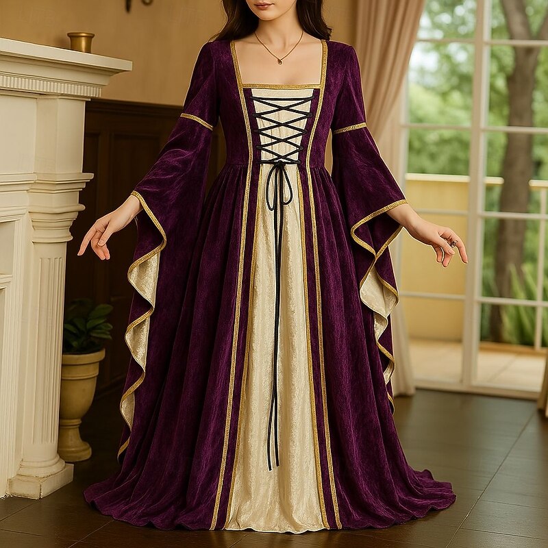 Women's Renaissance Dress Medieval Costume Velvet Trumpet Sleeve Queen Dresses Outlander Plus Size Retro Vintage Long Sleeve Floor Length