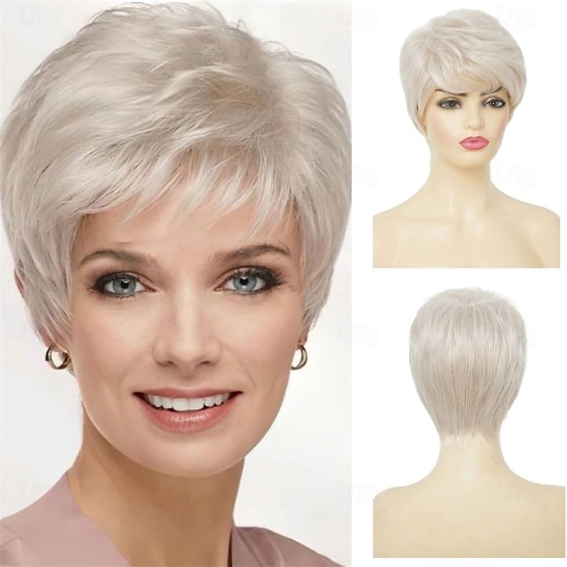 Blonde Short Wigs for Women Pixie Cut Wig with Bangs Natural Synthetic Grandma Hair Wig for Daily Party Use