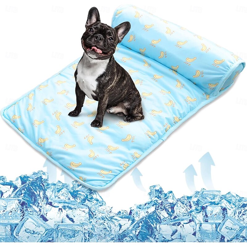 Cooling Dog Bed Pet Cooling Mat with Pillow, Ice Silk Cooling Dog Blanket, Self Cooling Pad for Cat,Dog, Washable Summer Pet Mat for Kennel, Crates, Sofa, Floor