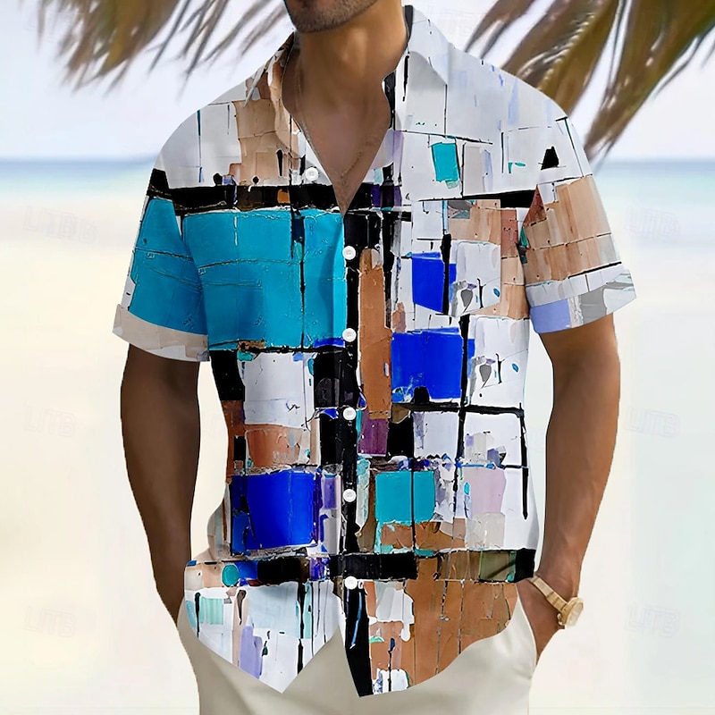 Men's Geometric Color Block Grid / Plaid Shirt Casual Shirt Button Up Shirt Short Sleeve Fashion Casual Vacation Holiday Streetwear Summer Turndown 3D Print Front One Pocket Linen Like Shirt White2