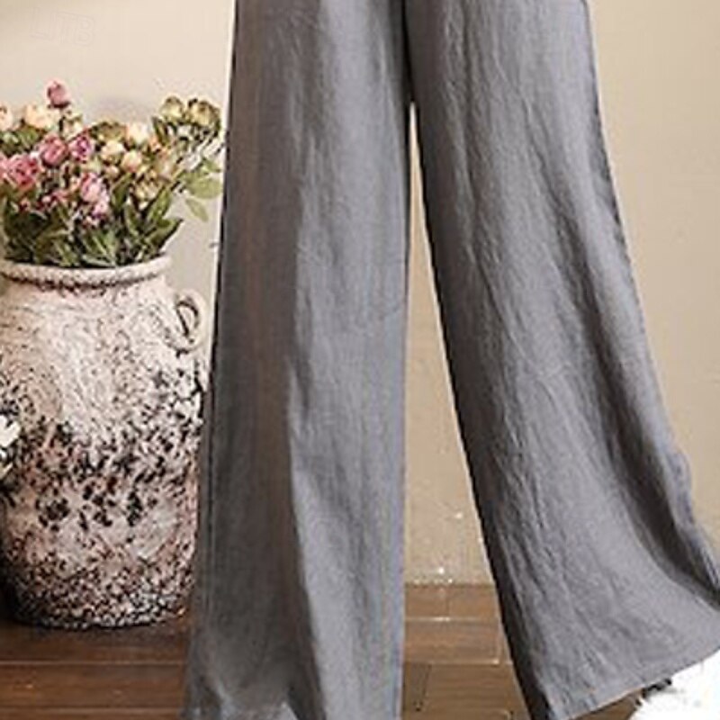 Women's Wide Leg Cotton Linen Pants Slacks Fashion Streetwear Full Length Natural Plain Pocket Elastic Drawstring Design Comfy Outdoor Street Holiday Weekend Apricot Grey Black White Summer Regular3