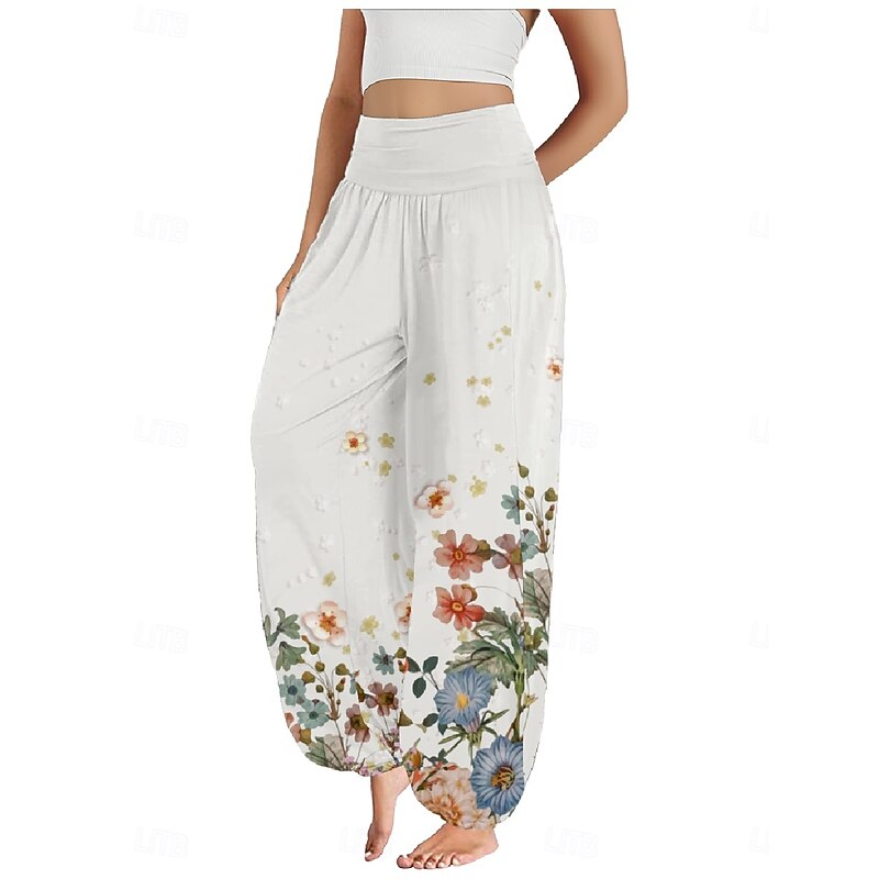 Women's Linen-Inspired Pants Wide Leg Pants Trousers Ethnic Style Casual Boho Full Length High Waist Floral Pocket Elastic Waist Printing Breathability Soft Micro-elastic Outdoor Yoga White Yellow