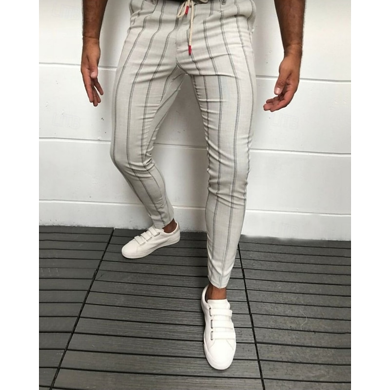 Men's Dress Pants Skinny Trousers Chinos Buttons Pocket Striped Comfort Formal Party Work Fashion Classic Style Black White Micro-elastic