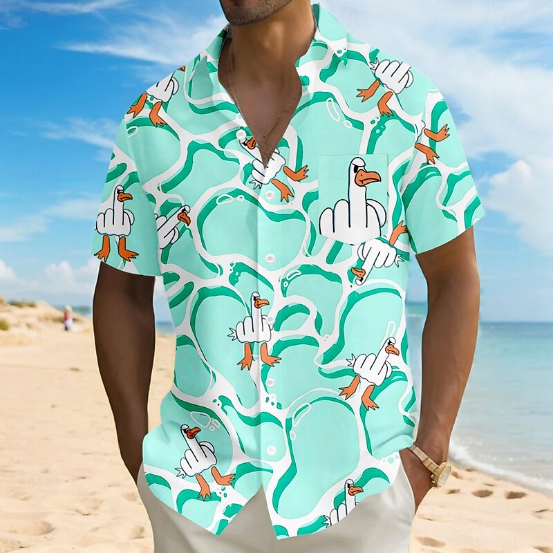 Men's Geometric Funny Duck Shirt Summer Hawaiian Shirt Button Up Shirt Short Sleeve Hawaiian Vacation Holiday Beach Wear Summer Turndown 3D Print Front One Pocket Linen Like Shirt Blue Purple Green3