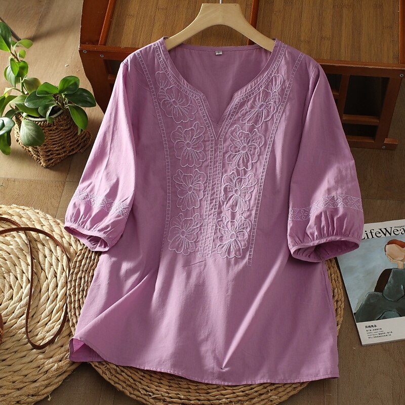 Women's Linen Shirt Boho Shirt Blouse Flower Casual Boho Short Sleeve V Neck Regular Tops Daily Going out Print Purple Green Summer