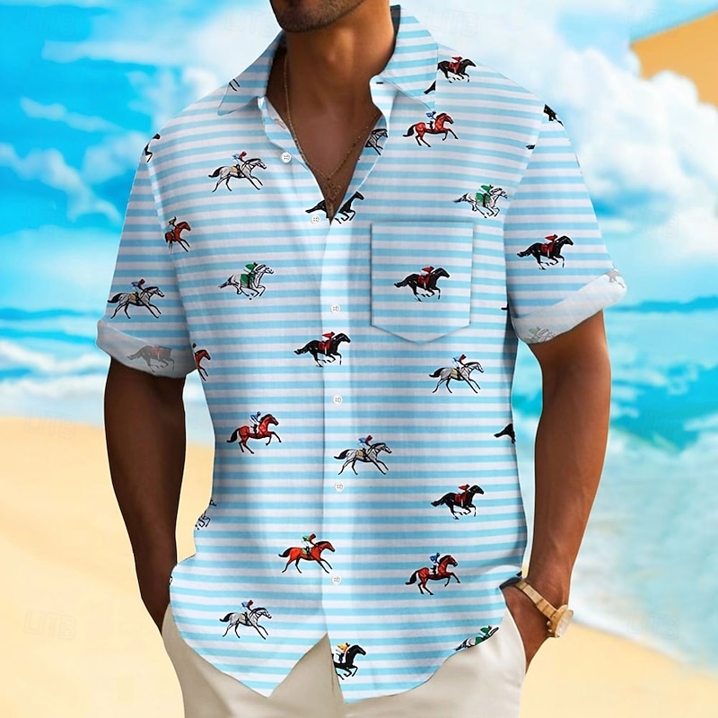 Kentucky Derby Men's Striped Horse Racing Shirt Casual Shirt Button Up Shirt Short Sleeve Fashion Casual Vacation Holiday Streetwear Summer Spring Turndown 3D Print Collared Shirts Front One Pocket