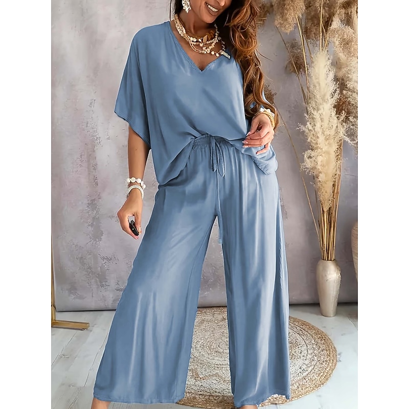 Women's Loungewear 2 Pieces Casual Comfort Pure Color Pullover Home Daily Half Sleeve V Neck Black Army Green Navy Blue Dark Gray Light Blue Summer Spring Loose Fit