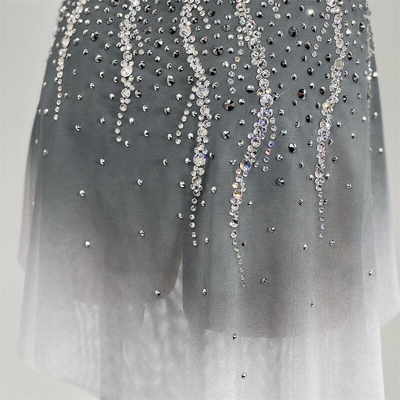 Figure Skating Dress Women's Girls' Ice Skating Dress Grey Patchwork Asymmetric Hem Mesh Spandex High Elasticity Training Competition Skating Wear Classic Crystal / Rhinestone Sleeveless Ice Skating3