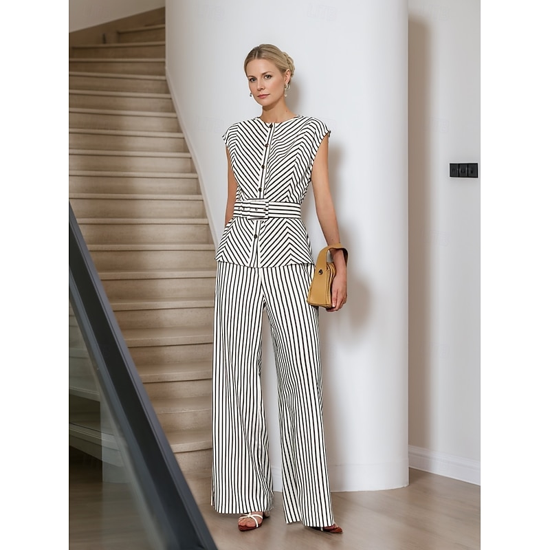 Striped Print Two Piece Pantsuit Mother of the Bride Pantsuit Classic Simple Minimalist Crew Neck Floor Length Metal Buttons Sleeveless with Sash / Ribbon