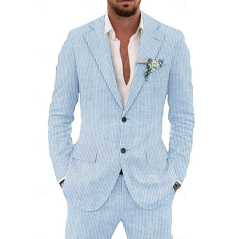 Men's Casual Suits Notch Lapel Sky Blue Sage Fashion Lightweight Solid Colored Standard Fit 2 Piece Single Breasted Two-buttons4