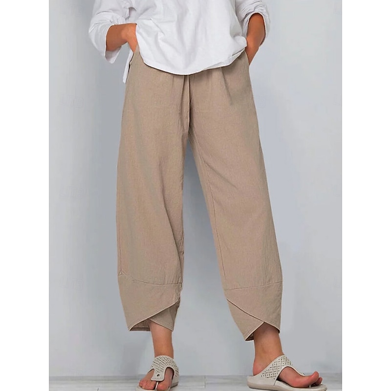 Women's Cotton Linen Pants Baggy Pants Linen Like Chinos Fashion Basic Full Length Medium Waist Plain Pocket Drawstring Comfort Outdoor Micro-elastic Vacation Street Daily Grey Black White Dark Navy