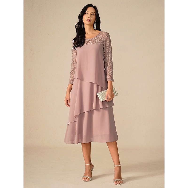 Women's Tea Length Lace Dress Party Dress Cocktail Dress Wedding Guest Dress Elegant Party Vacation Wedding Guest Cocktail Party Regular Fit Solid Color 3/4 Length Sleeve Crew Neck Dusty Rose Spring4