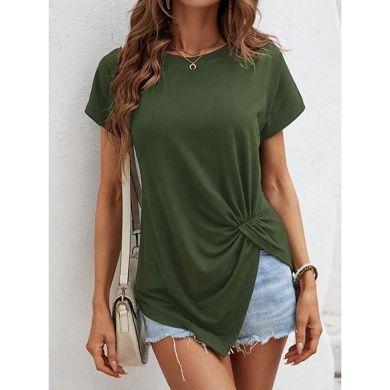 Women's T Shirt Solid Color Plain Fashion Classic Casual Short Sleeve Crew Neck Regular Tops Daily Weekend Asymmetrical Black White Army Green Navy Blue Summer