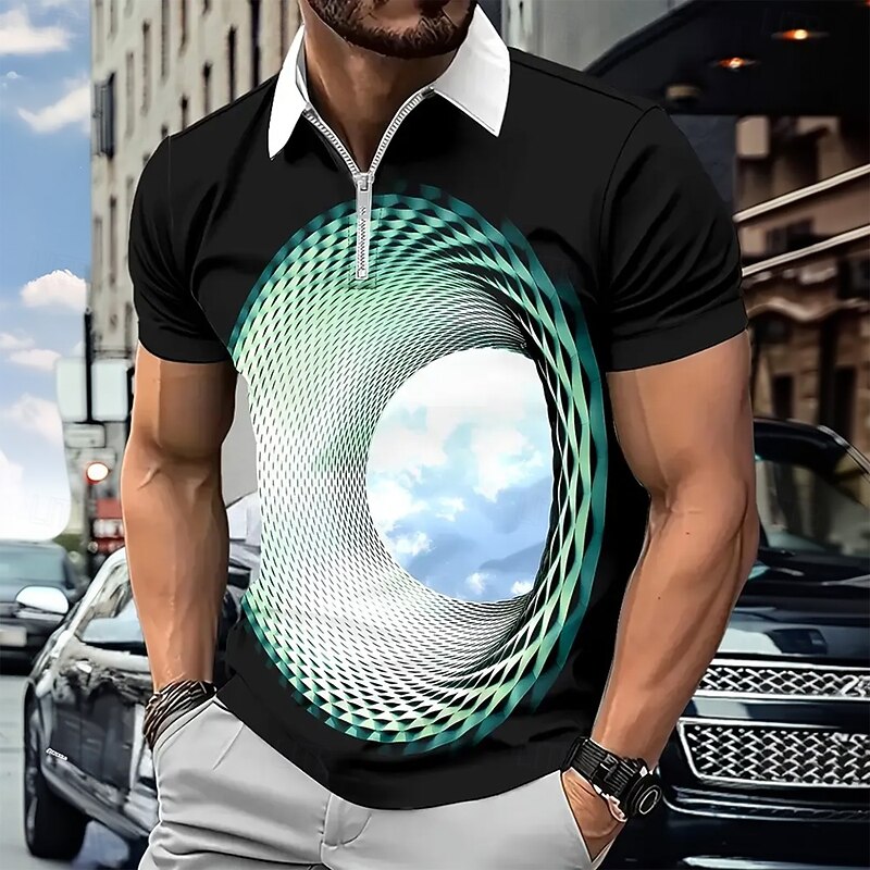 Men's Geometic Visual deception Zip Polo Short Sleeve Turndown Modern Casual / Sporty Sports & Outdoor Athleisure Daily 3D Print Summer Pink Purple Green