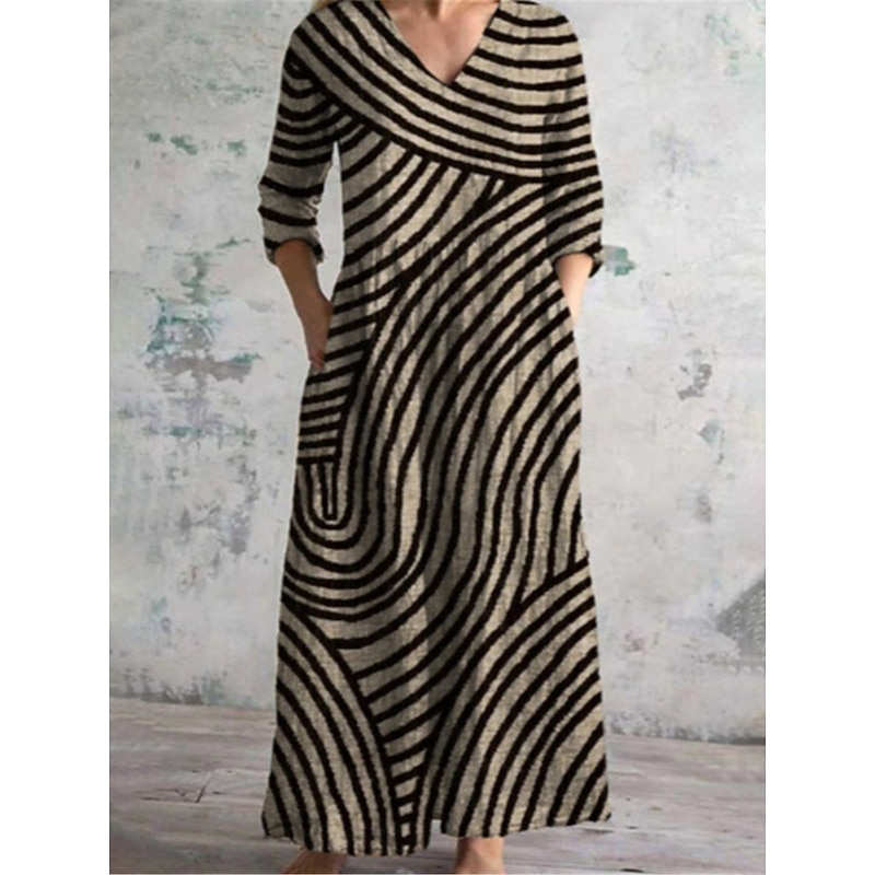 Women's Long Dress Maxi Dress Casual Dress Summer Dress Boho Dress Fashion Vacation Daily Weekend Regular Fit Geometric Long Sleeve V Neck Black Khaki Apricot Summer