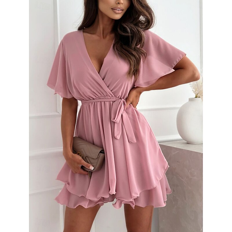 Women's Mini Dress Wrap Dress A Line Dress Solid Color Summer Dress Casual Daily Regular Fit Graphic Plain Short Sleeve V Neck Black White Pink Summer
